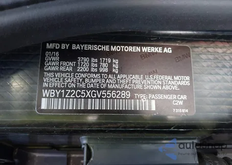 2016 BMW I3 Bev from USA, damaged, VIN WBY1Z2C5XGV556289